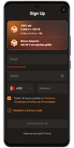 Formulário de registro no Slotlair
