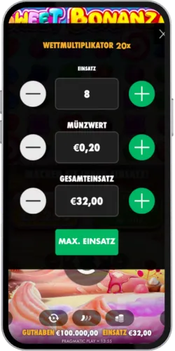 Änderung des Einsatzbetrags in Sweet Bonanza